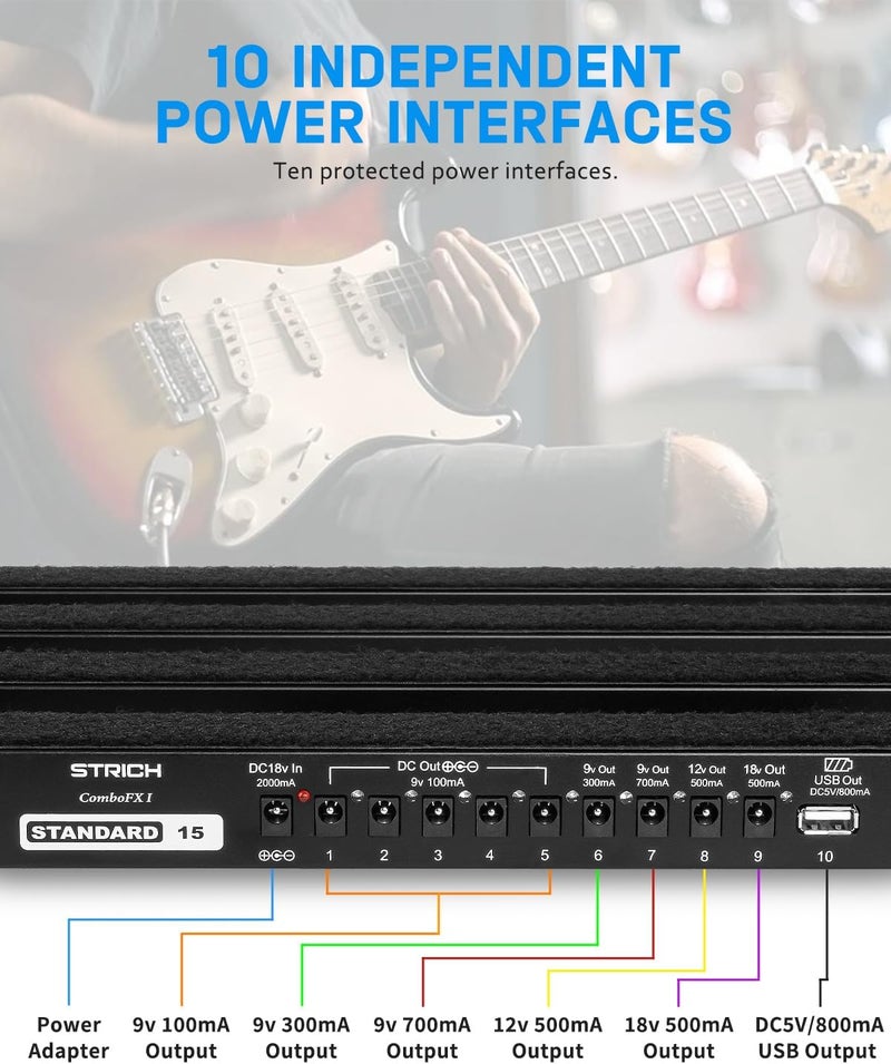 STRICH Guitar Pedal Board with Built-in Power Supply, Pedal Board 15 x 11" 2.17LB Lightweight Aluminum Alloy, PedalBoard with Pedal Cables, Bag, Hook Loop Strips PB-S15 - Image 3